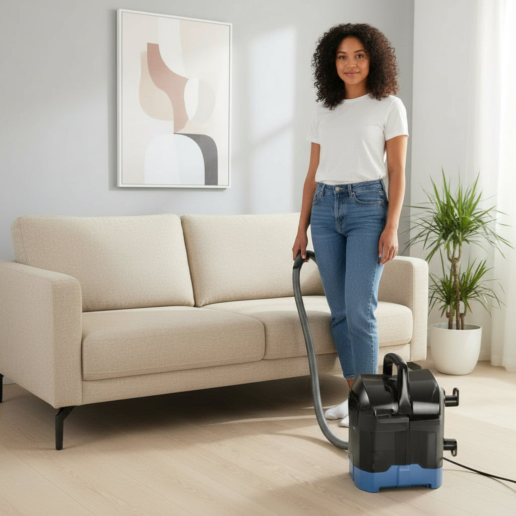Woman using a handheld vacuum cleaner on a sofa in a living room.