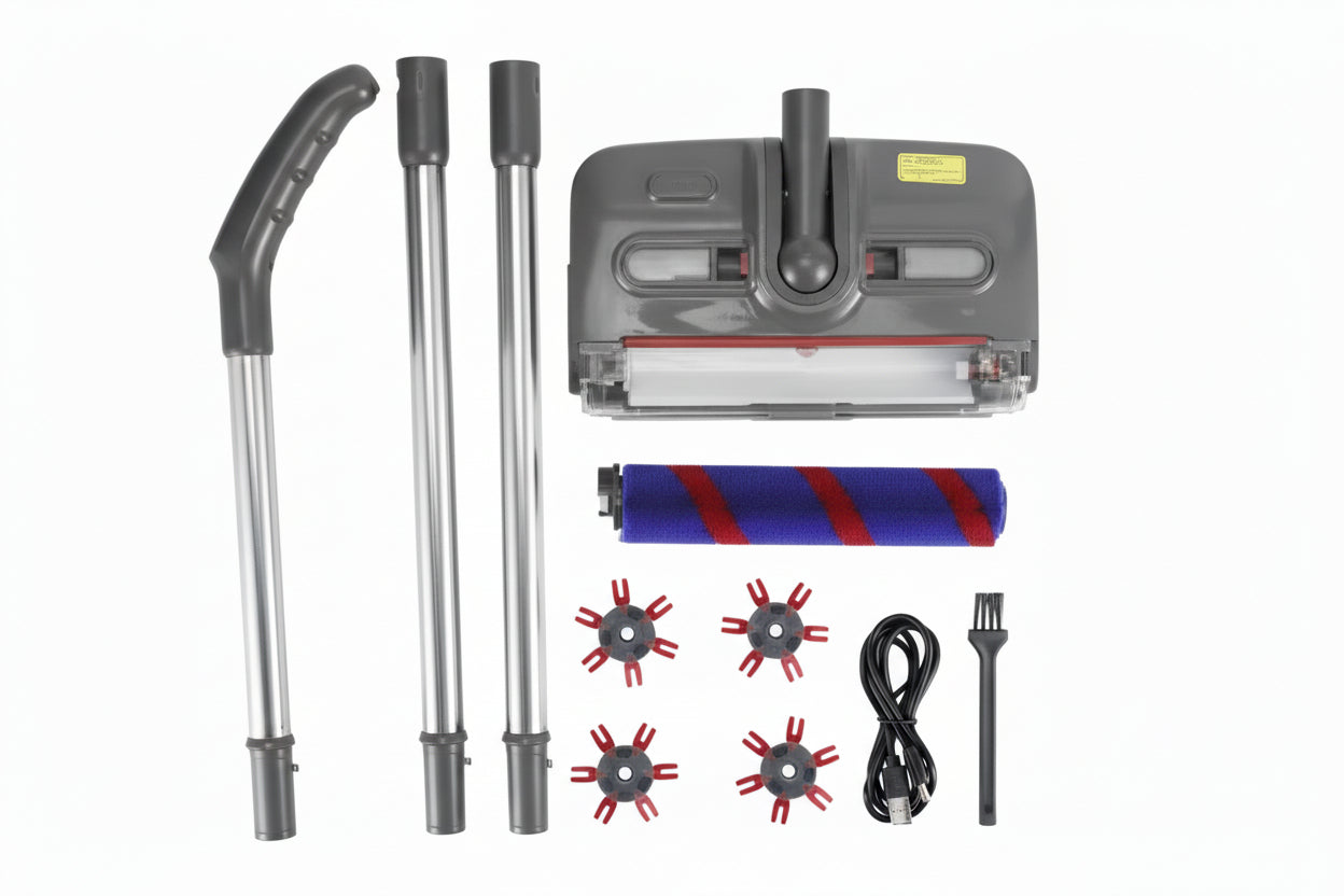 Set of cleaning tools including a broom, brush, and attachments on a white background