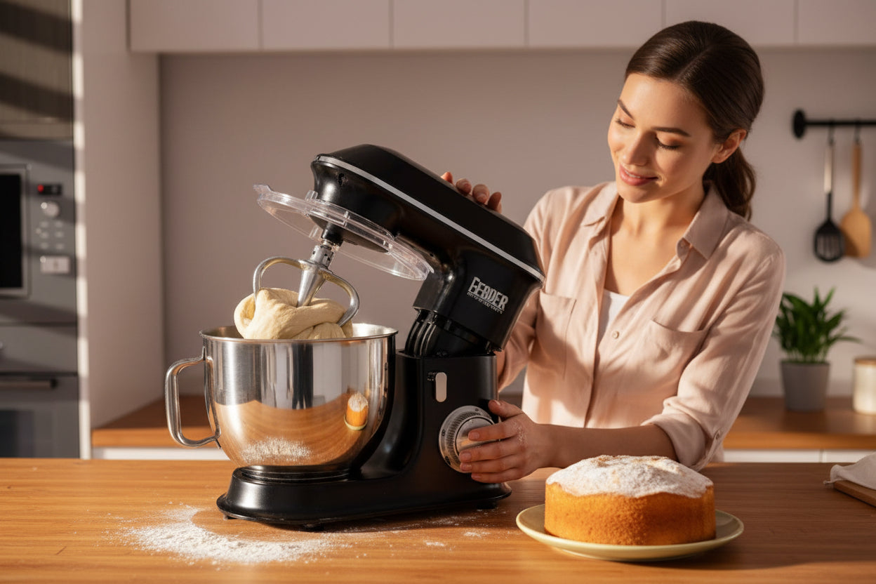 Black stand mixer with large capacity on a kitchen counter, surrounded by baked goods and ingredients.