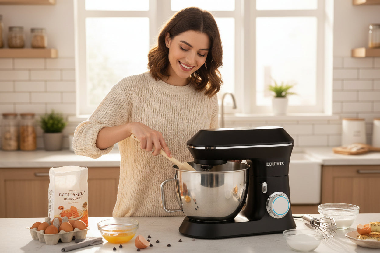 Black kitchen stand mixer with a cat and blueberries on a wooden table