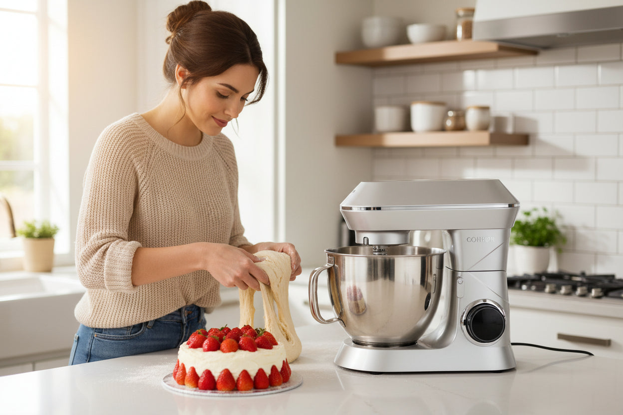 Silver stand mixer with a bowl on a white background